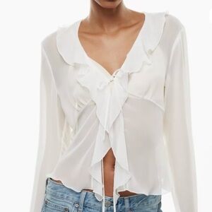 Aritzia NWT Frenchie Blouse Womens L Light Birch Ruffled Trim Tie Close Sheer